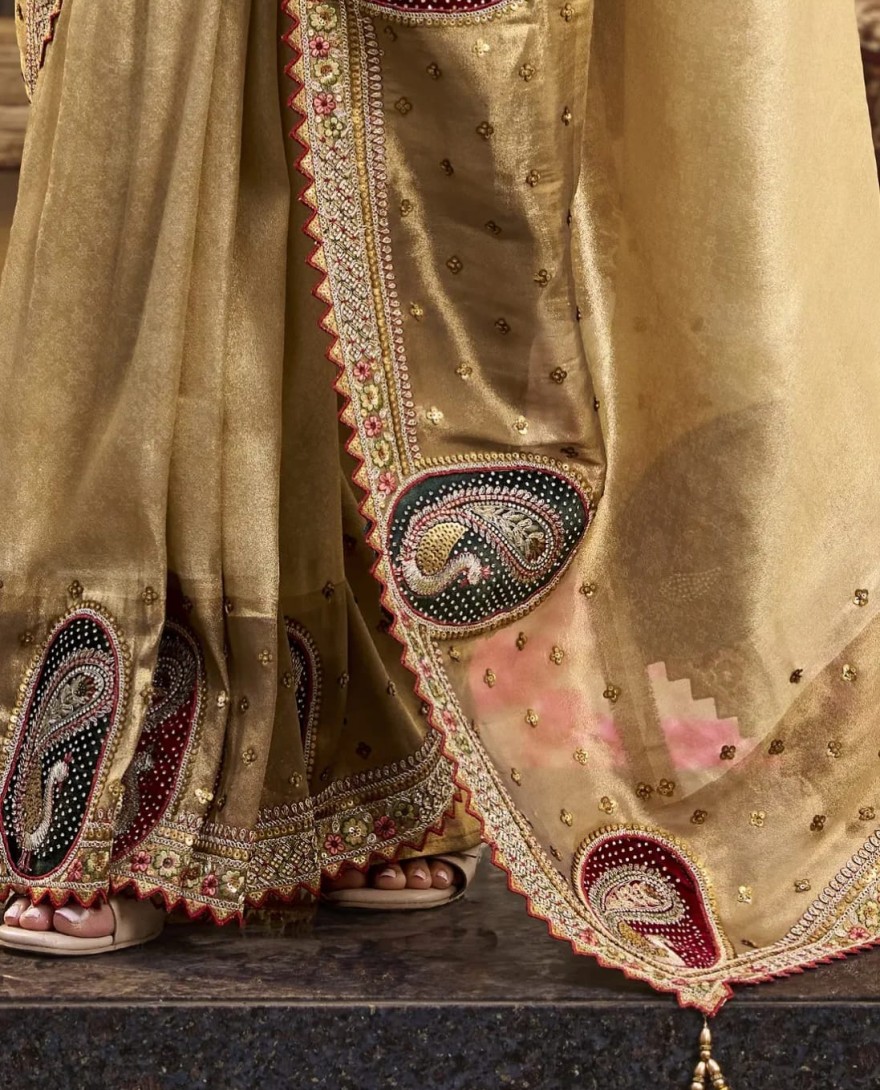 106 - Bronze Gold Embroidered Tissue Silk Saree with Stitched Blouse